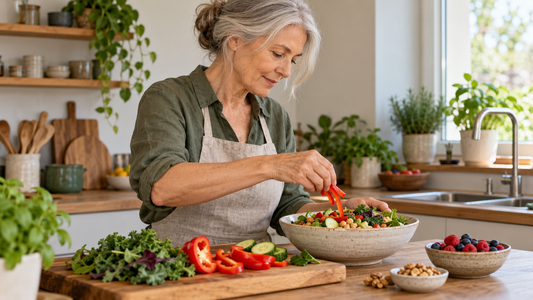 Eine ältere Frau bereitet in ihrer Küche einen Salat zu; auf der Arbeitsfläche liegen Gemüse, Beeren und Nüsse.
